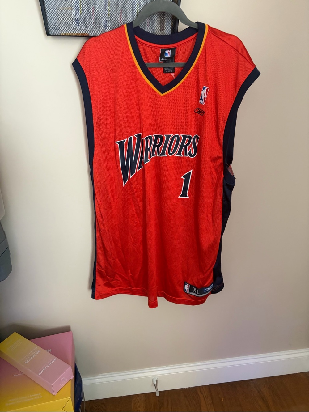 Reebok Red Warriors #1 Basketball Jersey with Navy Trim and Yellow Accent